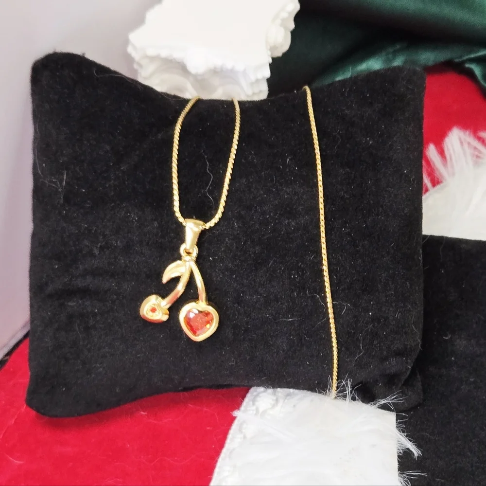 Gold Heart Cherry Pendant Necklace Red Rhinestone Fruit Charm Romantic Y2K Glam